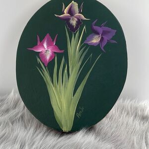 Artisan vintage hand painted Irises storage box by Patty Jo